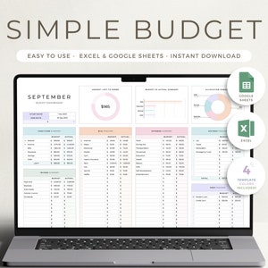 Puede incluir: Un ordenador portátil muestra una plantilla de hoja de cálculo "Simple Budget". La pantalla muestra un panel de control presupuestario en colores pastel para septiembre, con secciones para el flujo de caja, los ingresos y los gastos. El texto en la pantalla incluye "Easy to Use - Excel & Google Sheets - Instant Download."