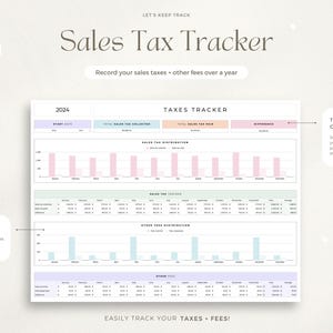 Puede incluir: Un rastreador de impuestos sobre las ventas con el texto "Sales Tax Tracker" y "Record your sales taxes + other fees over a year." El rastreador incluye gr&aacute;ficos para rastrear el impuesto sobre las ventas y otras tarifas. Tambi&eacute;n se ve el texto "Use with any currency!"