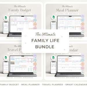 May include: A digital product bundle for family life organization. The bundle includes four Google Sheets templates: Family Budget, Meal Planner, Travel Planner, and Smart Calendar. Each template is shown on a laptop and phone screen with a pastel color scheme.
