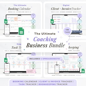 Peut inclure: Le pack ultime pour coachs d'affaires, un produit numérique avec quatre feuilles de calcul : Calendrier de réservation, Suivi des clients et des factures, Suivi des tâches et Comptabilité. Chaque feuille de calcul est affichée sur un ordinateur portable et un smartphone.