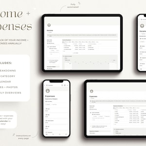 May include: A digital planner app interface with a white background and black text. The app is designed to help users track their income and expenses. The app includes features such as breakdowns by category, a calendar, files and photos, and daily overviews. The text "Income + Expenses" is displayed at the top of the screen. The text "Keep track of your income + expenses annually" is displayed below the title. The text "Includes:" is displayed below the text "Keep track of your income + expenses annually". The text "Breakdowns, By Category, Calendar, Files + Photos, Daily Overviews" is displayed below the text "Includes:". The text "All income + expenses are synced with your Master Calendar to make life easy!" is displayed at the bottom of the screen. The text "Instructions on every page" is displayed in the bottom right corner of the screen.