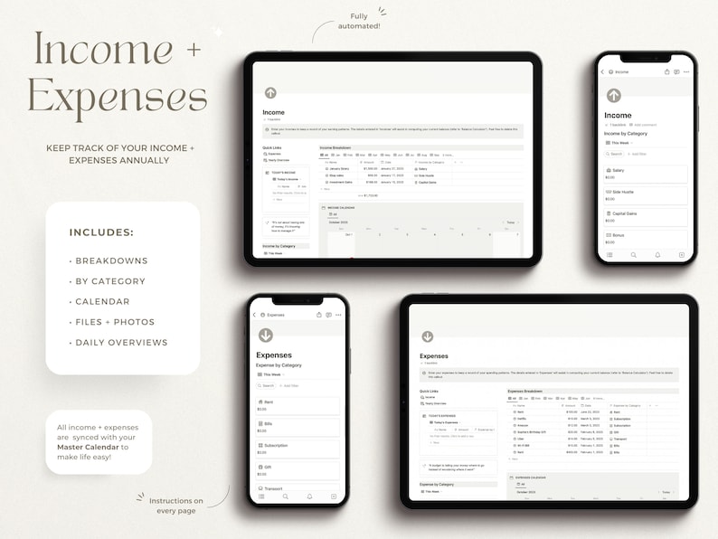 May include: A digital planner app interface with a white background and black text. The app is designed to help users track their income and expenses. The app includes features such as breakdowns by category, a calendar, files and photos, and daily overviews. The text "Income + Expenses" is displayed at the top of the screen. The text "Keep track of your income + expenses annually" is displayed below the title. The text "Includes:" is displayed below the text "Keep track of your income + expenses annually". The text "Breakdowns, By Category, Calendar, Files + Photos, Daily Overviews" is displayed below the text "Includes:". The text "All income + expenses are synced with your Master Calendar to make life easy!" is displayed at the bottom of the screen. The text "Instructions on every page" is displayed in the bottom right corner of the screen.