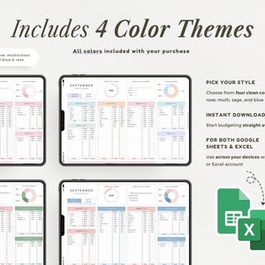 May include: A digital budget planner displayed on four tablet screens, showcasing four distinct color themes: rose, multicolor, sage, and blue. The interface includes tables, charts, and the text Includes 4 Color Themes, Pick Your Style, and Instant Download.