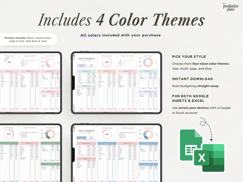 May include: A digital budget planner displayed on four tablet screens, showcasing four distinct color themes: rose, multicolor, sage, and blue. The interface includes tables, charts, and the text Includes 4 Color Themes, Pick Your Style, and Instant Download.
