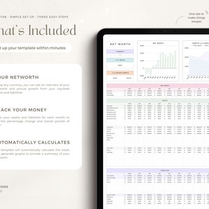 K&ouml;nnte beinhalten: Eine digitale Vorlage zur Verfolgung des Nettoverm&ouml;gens. Die Vorlage enth&auml;lt ein Diagramm, Grafiken und Tabellen zur Verfolgung von Verm&ouml;genswerten und Schulden. Der Text auf der Seite lautet "What's Included" und "Set up your template within minutes".