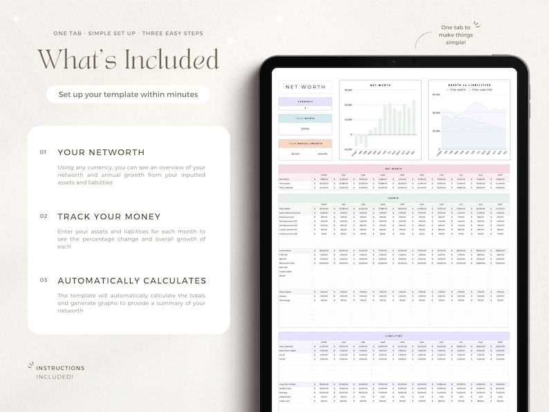K&ouml;nnte beinhalten: Eine digitale Vorlage zur Verfolgung des Nettoverm&ouml;gens. Die Vorlage enth&auml;lt ein Diagramm, Grafiken und Tabellen zur Verfolgung von Verm&ouml;genswerten und Schulden. Der Text auf der Seite lautet "What's Included" und "Set up your template within minutes".