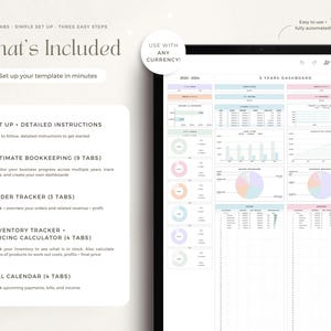 Puede incluir: Panel de control empresarial digital que se muestra en una tableta. La pantalla muestra una plantilla financiera con gr&aacute;ficos y tablas de datos. El texto incluye "Qu&eacute; est&aacute; incluido" y detalles sobre contabilidad, seguimiento de pedidos y gesti&oacute;n de inventario.