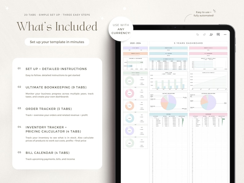Puede incluir: Panel de control empresarial digital que se muestra en una tableta. La pantalla muestra una plantilla financiera con gr&aacute;ficos y tablas de datos. El texto incluye "Qu&eacute; est&aacute; incluido" y detalles sobre contabilidad, seguimiento de pedidos y gesti&oacute;n de inventario.