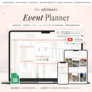 May include: A digital event planner dashboard displayed on a laptop, tablet, and smartphone. The interface includes sections for budget, guest lists, and vendor selection. Text includes "the ultimate Event Planner" and "INCLUDES 2 THEMES".