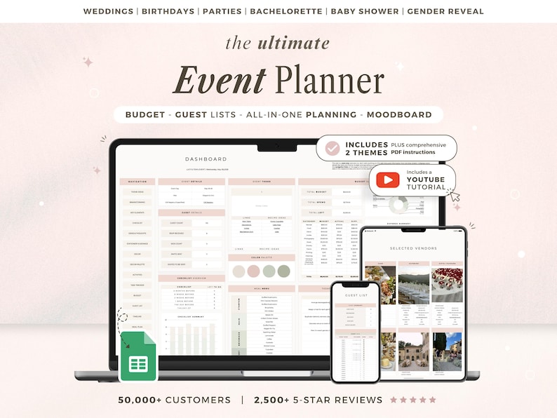 Puede incluir: Un panel de control digital para planificar eventos mostrado en una computadora port&aacute;til, tableta y tel&eacute;fono inteligente. La interfaz incluye secciones para presupuesto, listas de invitados y proveedores. Texto: "the ultimate Event Planner".