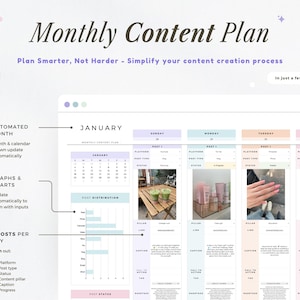 May include: A digital monthly content plan template with the title "Monthly Content Plan". The plan includes sections for January, with options to track up to six weeks. Features include automated month updates, graphs, and the ability to plan 5 posts per day.