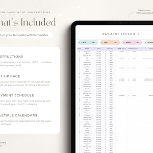May include: A digital planner template for managing bills and payments. The template includes a payment schedule with columns for paid, year, month, category, and notes. The template also includes instructions for setting up the planner and multiple calendars for tracking bills.