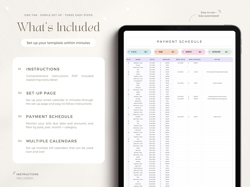 May include: A digital planner template for managing bills and payments. The template includes a payment schedule with columns for paid, year, month, category, and notes. The template also includes instructions for setting up the planner and multiple calendars for tracking bills.