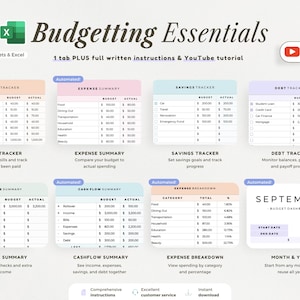 May include: A digital budgeting spreadsheet template for Google Sheets and Excel titled Budgeting Essentials. It features multiple automated trackers for bills, expenses, savings, debt, income, and cash flow, plus a September dashboard and tutorial.