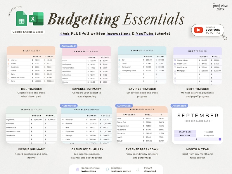 May include: A digital budgeting spreadsheet template for Google Sheets and Excel titled Budgeting Essentials. It features multiple automated trackers for bills, expenses, savings, debt, income, and cash flow, plus a September dashboard and tutorial.