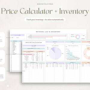May include: A printable worksheet for tracking inventory and calculating prices. The worksheet includes sections for material inventory, pricing and profits, product costs, and charts for visualizing data. The worksheet is designed to help businesses track their inventory and calculate prices for their products.