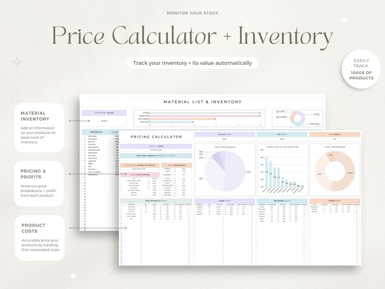 May include: A printable worksheet for tracking inventory and calculating prices. The worksheet includes sections for material inventory, pricing and profits, product costs, and charts for visualizing data. The worksheet is designed to help businesses track their inventory and calculate prices for their products.