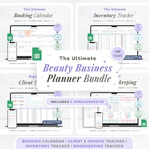 May include: A digital beauty business planner bundle featuring four spreadsheets: Booking Calendar, Inventory Tracker, Client & Invoice Tracker, and Bookkeeping Tracker. Includes over 30 tabs and is designed for easy setup.