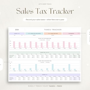 May include: A sales tax tracker with the text "Sales Tax Tracker" and "Record your sales taxes + other fees over a year." The tracker includes charts and graphs for tracking sales tax collected, paid, and other fees. The text "Use with any currency!" is also visible.