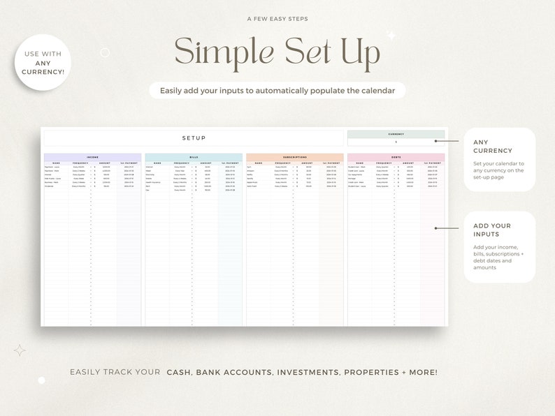 May include: A printable budget planner with a simple set up. The planner includes sections for income, bills, subscriptions, and debts. The planner is designed to be used with any currency.
