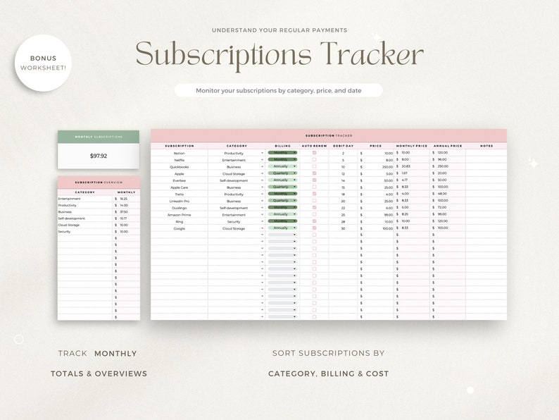 May include: A pink and green printable subscription tracker worksheet with the title "Subscriptions Tracker" and the text "Understand your regular payments" and "Monitor your subscriptions by category, price, and date". The worksheet includes columns for subscription name, category, billing, auto-renew, debit day, price, monthly price, annual price, and notes.