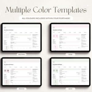 May include: Four digital planner templates displayed on tablet screens. The templates are for a life planner and feature different color schemes: neutral, rose, mocha, and sage.
