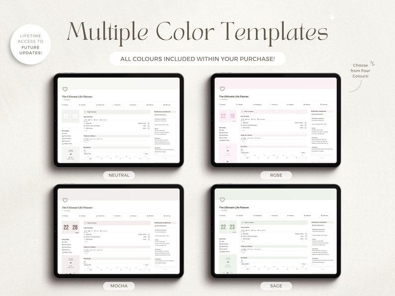 May include: Four digital planner templates displayed on tablet screens. The templates are for a life planner and feature different color schemes: neutral, rose, mocha, and sage.