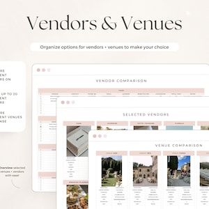 Puede incluir: Una plantilla de planificaci&oacute;n digital titulada Vendors & Venues con secciones para comparaci&oacute;n de proveedores, proveedores seleccionados y comparaci&oacute;n de lugares. El dise&ntilde;o incluye tablas para organizar contactos, costes y fotos de eventos.