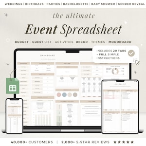 May include: A digital event spreadsheet displayed on a laptop, tablet, and smartphone. The spreadsheet includes tabs for budget, guest list, activities, decor, themes, and mood board. The image also includes the text "Event Spreadsheet".