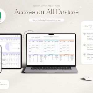 Puede incluir: Una ilustraci&oacute;n digital de una computadora port&aacute;til, una tableta y un tel&eacute;fono que muestran una plantilla de Google Sheets para la planificaci&oacute;n de comidas y la compra de comestibles. El texto "Acceso en todos los dispositivos" se muestra encima de los dispositivos. El texto "&iquest;Listo para comenzar?" se muestra en el lado derecho de la imagen con tres pasos a seguir: Comprar y descargar, Seguir las instrucciones y Copiar la plantilla.