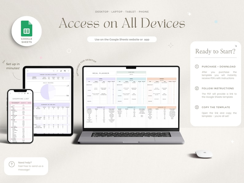 Puede incluir: Una ilustraci&oacute;n digital de una computadora port&aacute;til, una tableta y un tel&eacute;fono que muestran una plantilla de Google Sheets para la planificaci&oacute;n de comidas y la compra de comestibles. El texto "Acceso en todos los dispositivos" se muestra encima de los dispositivos. El texto "&iquest;Listo para comenzar?" se muestra en el lado derecho de la imagen con tres pasos a seguir: Comprar y descargar, Seguir las instrucciones y Copiar la plantilla.