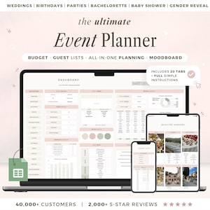 May include: A digital event planner displayed on a laptop, tablet, and phone. The planner includes sections for budget, guest lists, and mood boards. The screen displays the text "Event Planner" and "Includes 20 Tabs + Full Simple Instructions."