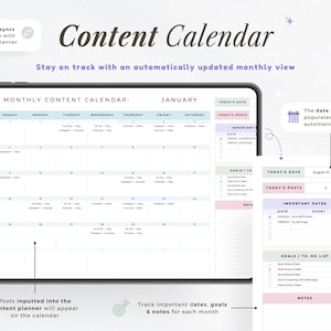 Op de afbeelding: Een digitale contentkalender op een tablet. De kalender toont een maandoverzicht met secties voor dagelijkse berichten, belangrijke data, doelen en notities. Het ontwerp is pastelkleurig en toont de tekst "Content Calendar".