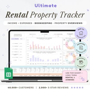 May include: A laptop screen displays a rental property tracker interface. The software includes income and expense tracking, bookkeeping, and property overview features. Additional features include automated invoices, a 12-month planner, and support for short and long-term rentals and Airbnbs.