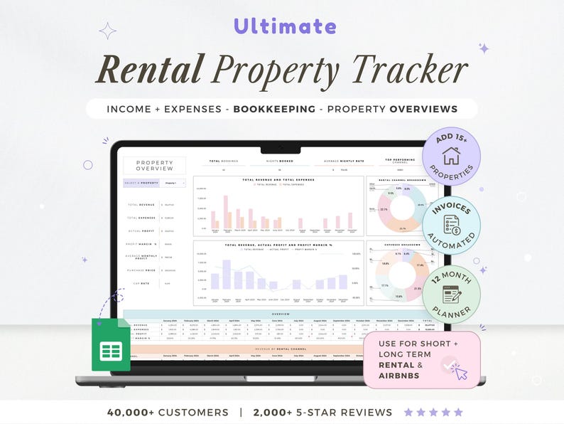 May include: A laptop screen shows a rental property tracker interface. The software includes income and expense tracking, bookkeeping, and property overview features. Additional features include automated invoices, a 12-month planner, and support for short and long-term rentals and Airbnbs.
