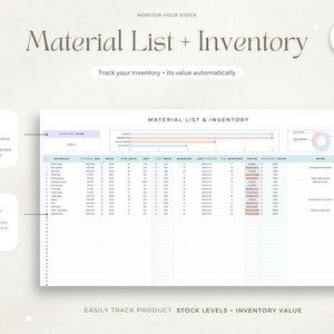 May include: A printable worksheet for tracking inventory and material lists. The worksheet includes sections for materials, inventory, and value charts. The worksheet is designed to help businesses track their inventory and material costs.