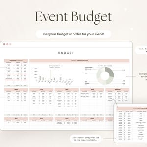 Puede incluir: Una plantilla digital de planificador de presupuesto para eventos que incluye un panel principal con tablas de resumen de gastos, una secci&oacute;n de visualizaci&oacute;n presupuestaria con gr&aacute;ficos y un rastreador de gastos separado.