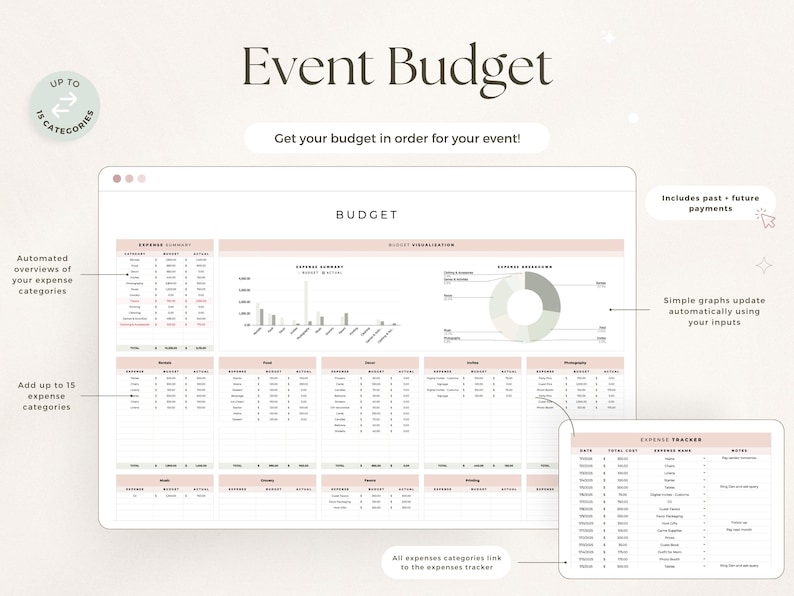 Puede incluir: Una plantilla digital de planificador de presupuesto para eventos que incluye un panel principal con tablas de resumen de gastos, una secci&oacute;n de visualizaci&oacute;n presupuestaria con gr&aacute;ficos y un rastreador de gastos separado.