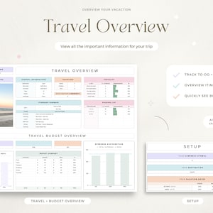 May include: A printable travel planner with tabs for travel overview, budget overview, and setup. The planner includes sections for general information, itinerary, packing list, and budget breakdown. The tabs are labeled with checkmarks and text that says "Track to do + Packing", "Overview Itinerary", and "Quickly See Budget".