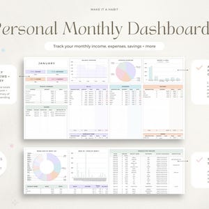 May include: A printable personal monthly dashboard set with charts and tables to track income, expenses, savings, and more. The set includes 12 months and automatically populates charts with data input.