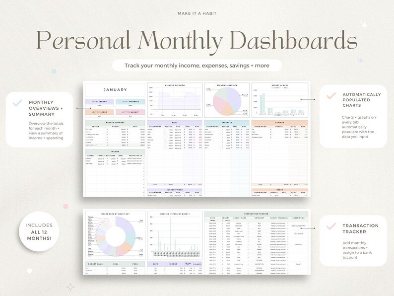 May include: A printable personal monthly dashboard set with charts and tables to track income, expenses, savings, and more. The set includes 12 months and automatically populates charts with data input.