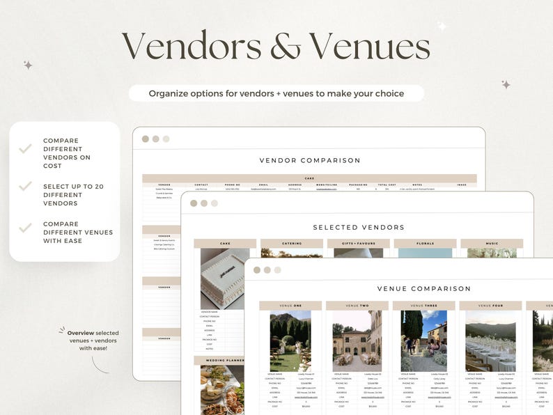 May include: A digital planning template titled Vendors & Venues featuring sections for Vendor Comparison, Selected Vendors, and Venue Comparison. The layout includes tables for organizing contact details, costs, and photos of various wedding service providers.