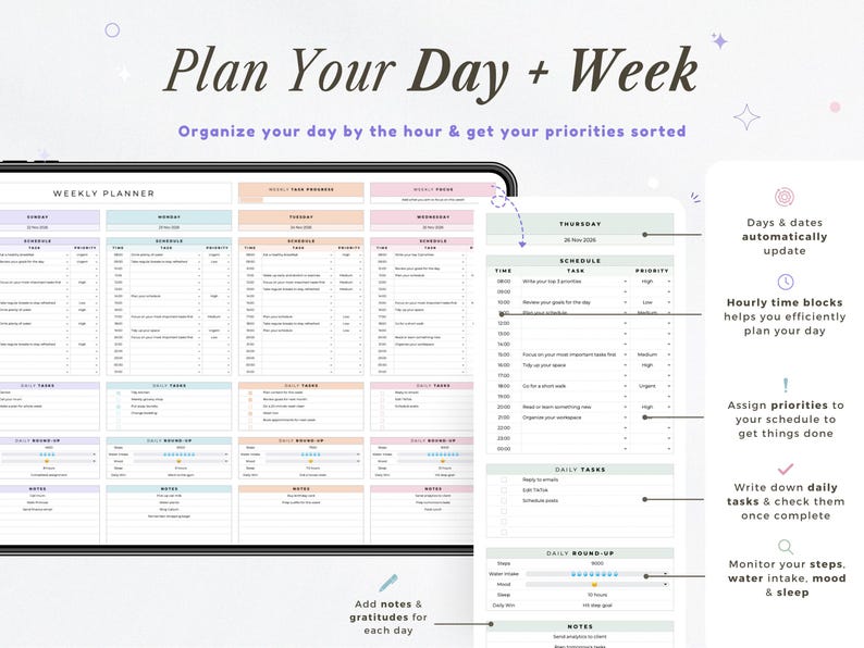 May include: Digital planner with the text "Plan Your Day + Week". The planner features a weekly and daily layout with sections for scheduling, tasks, and notes. It includes features like hourly time blocks, priority assignments, and daily task tracking.