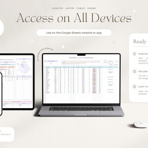 May include: A laptop, tablet, and phone displaying a Google Sheets spreadsheet template. The template is titled "Pricing Calculator" and includes a pie chart. The text "Access on All Devices" is displayed above the image. The text "Use on the Google Sheets website or app" is displayed below the image. The text "Ready to Start?" is displayed on the right side of the image. The text "Purchase - Download" is displayed below "Ready to Start?" along with instructions on how to use the template.