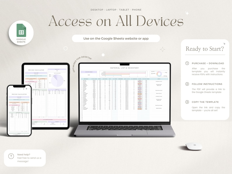 May include: A laptop, tablet, and phone displaying a Google Sheets spreadsheet template. The template is titled "Pricing Calculator" and includes a pie chart. The text "Access on All Devices" is displayed above the image. The text "Use on the Google Sheets website or app" is displayed below the image. The text "Ready to Start?" is displayed on the right side of the image. The text "Purchase - Download" is displayed below "Ready to Start?" along with instructions on how to use the template.
