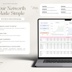 K&ouml;nnte beinhalten: Ein Laptop-Computer, auf dem eine Tabellenkalkulation mit einem Nettoverm&ouml;genstracker angezeigt wird. Die Tabellenkalkulation enth&auml;lt ein Diagramm, das die Entwicklung des Nettoverm&ouml;gens im Zeitverlauf zeigt, eine Tabelle mit Verm&ouml;genswerten und Schulden sowie einen Abschnitt f&uuml;r Notizen. Die Tabellenkalkulation ist mit "Nettoverm&ouml;gen" betitelt.