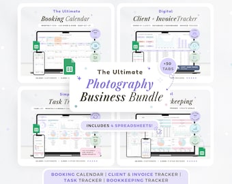 May include: The Ultimate Photography Business Bundle, including four spreadsheets: Booking Calendar, Client & Invoice Tracker, Task Tracker, and Bookkeeping Tracker. Each spreadsheet is displayed on a laptop and a smartphone.