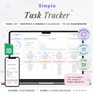 Peut inclure: Un gestionnaire de tâches numérique affiché sur un ordinateur portable et un smartphone. L'écran de l'ordinateur portable affiche un tableau de bord avec des graphiques et des listes. Le téléphone affiche une liste de tâches. Le texte "Simple Task Tracker" est inclus.
