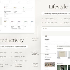 May include: Digital productivity and lifestyle dashboard with sections for learning, work, and daily routines. Includes a reading journal, travel planner, and TV/film tracker. The dashboard helps manage tasks and interests.