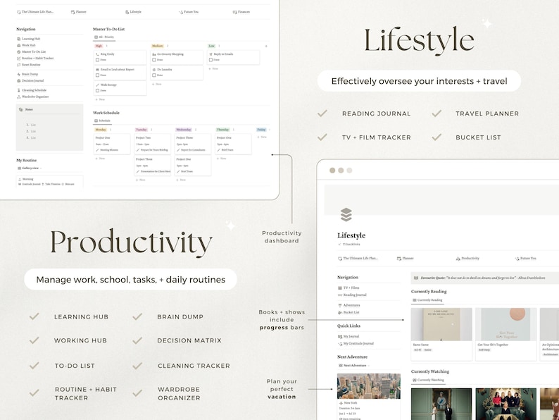 May include: Digital productivity and lifestyle dashboard with sections for learning, work, and daily routines. Includes a reading journal, travel planner, and TV/film tracker. The dashboard helps manage tasks and interests.